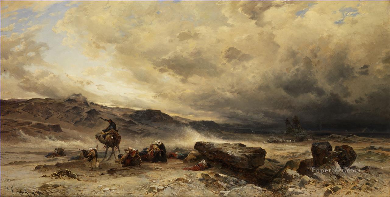 Tren de camellos en una tormenta de arena Hermann David Salomon Corrodi paisaje orientalista Pintura al óleo